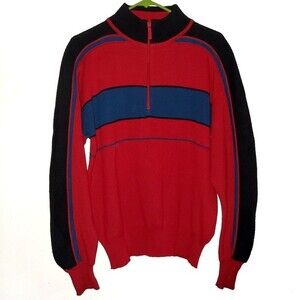 Vintage 80s Ski Sweater Colorblock 1/4 Zip Retro Alpine Knit Red Blue Medium